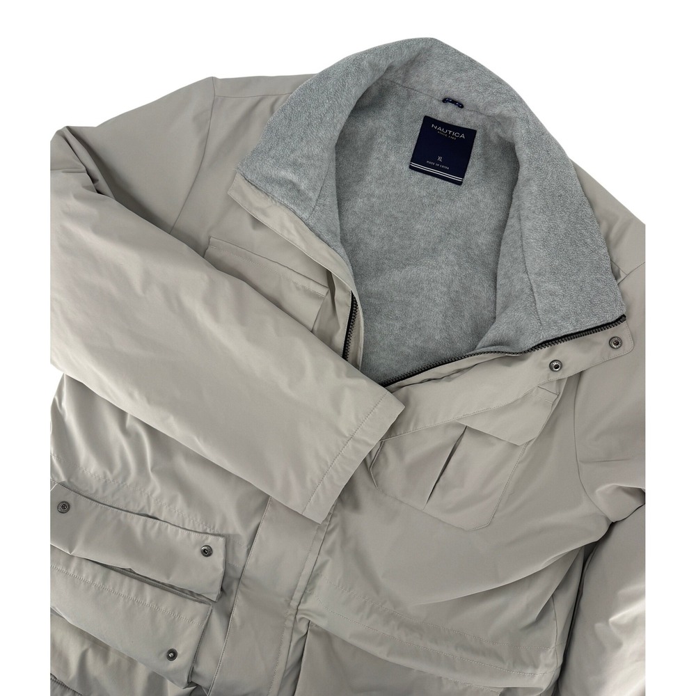 Nautica Mens Field Jacket Tan Beige Full Zip Fleece Lined Collar Utility Coat